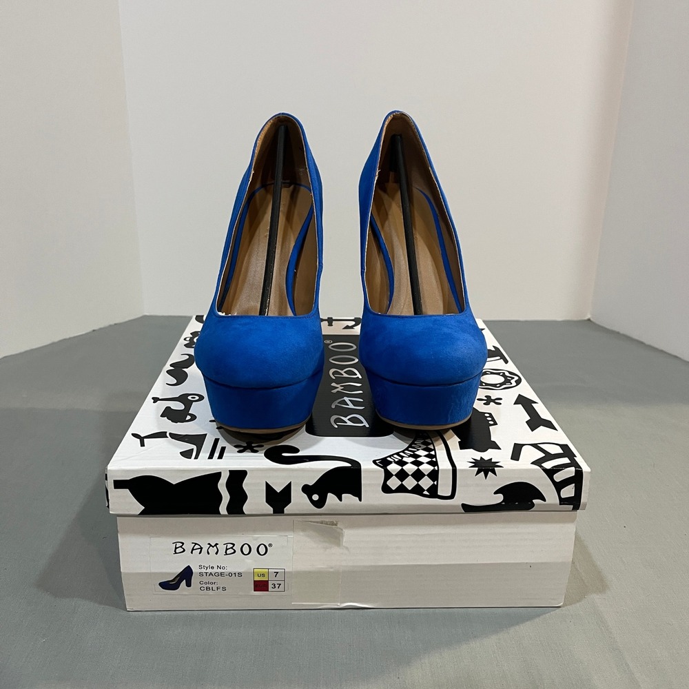 Bamboo Platform Pumps Women Size 7 Blue Stage-01S Faux Suede Block Heel